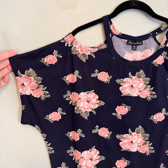 Allison Andrews Blouse Top XL Floral Cold Shoulder Short Sleeves Pullover Blue - Picture 3 of 6